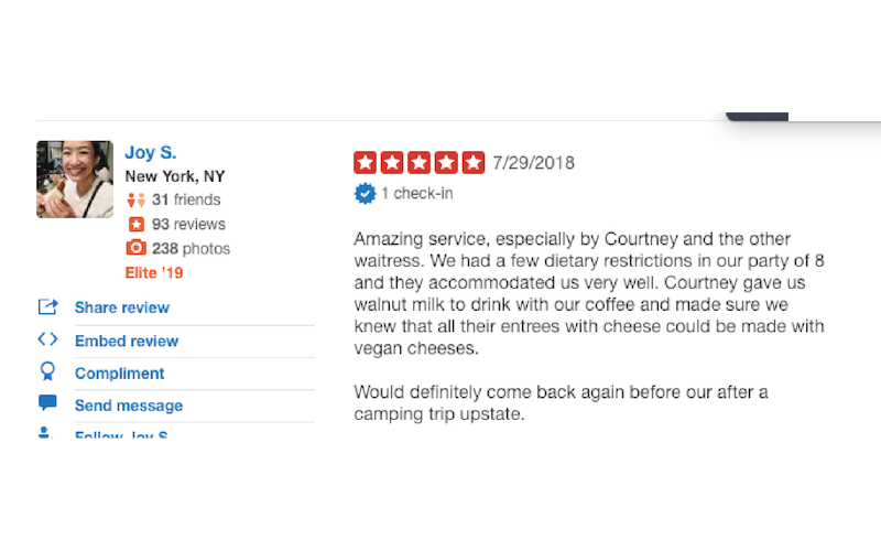 Review by Joy S: Amazing Service, Specially by Courtney and the other waitress. We had a few dietary rstrictions in our party of 8 and they accommodated us very well. Courtney gave us walnut milk to drink with our coffee and made sure we knew that all their entrees with cheese could be made with vegan cheeses. Would definitely come back again before our after a camping trip update.